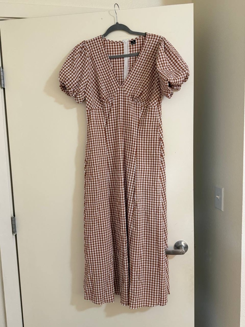 SHEIN Brown and White Gingham Puff-Sleeve Maxi Dress